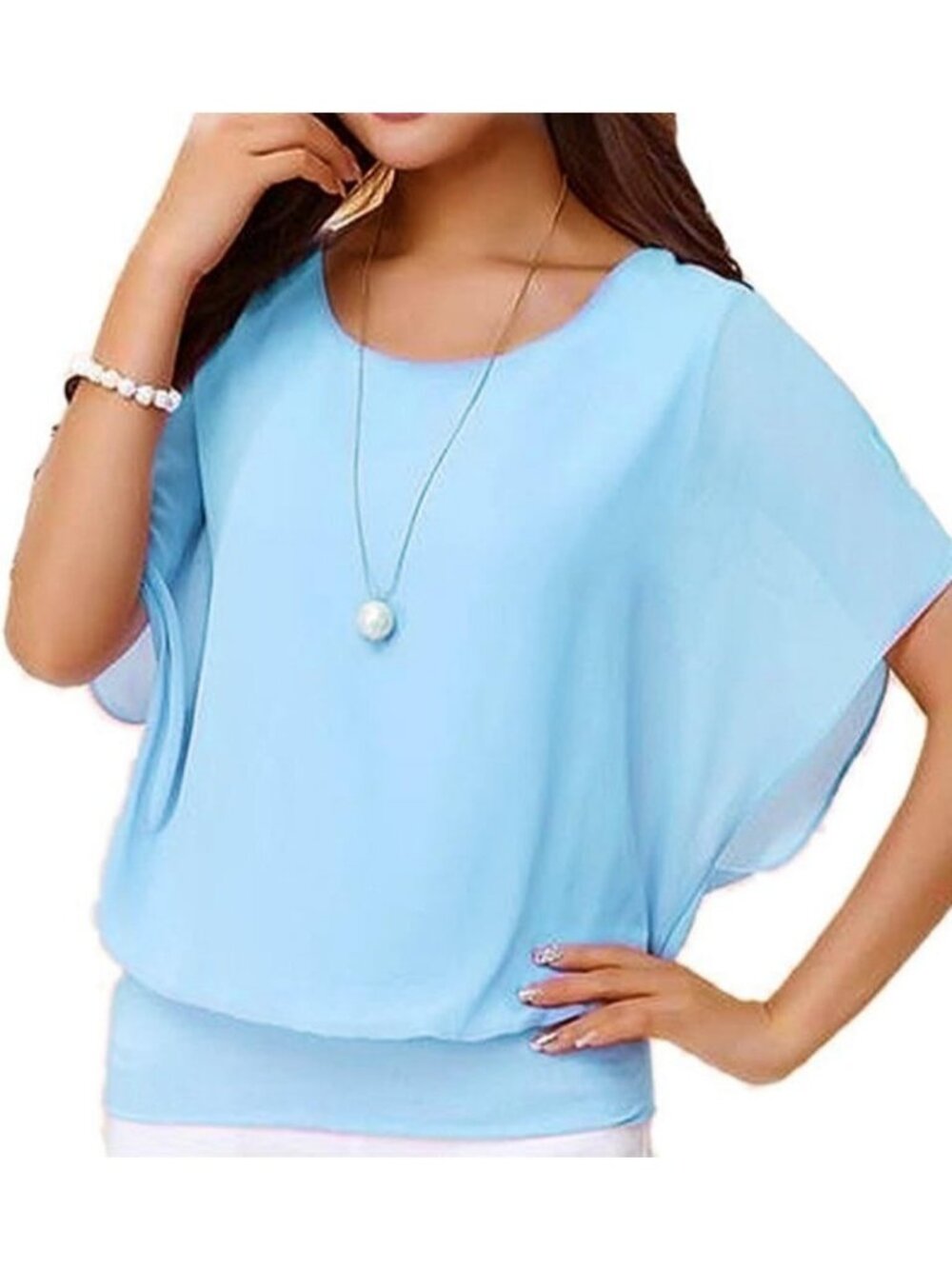 Women's Light Blue Elegant Loose Casual Short Sleeve Chiffon Top T Shirt Blouses